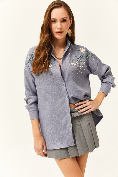Olalook Cămașă de iarnă oversize cu efect de lână perlata, brodat Indigo