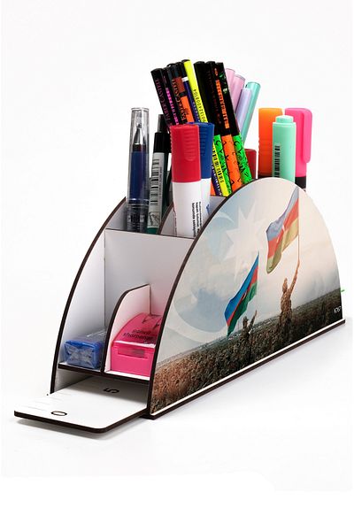 kutuTR Wooden VİP Türkiye-Azerbaycan Series Rainbow Ruled Desktop Pen Holder Organizer with Assembled Box
