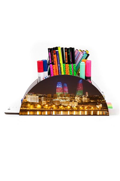 kutuTR Wooden VİP Türkiye-Azerbaycan Series Rainbow Ruled Desktop Pen Holder Organizer with Assembled Box