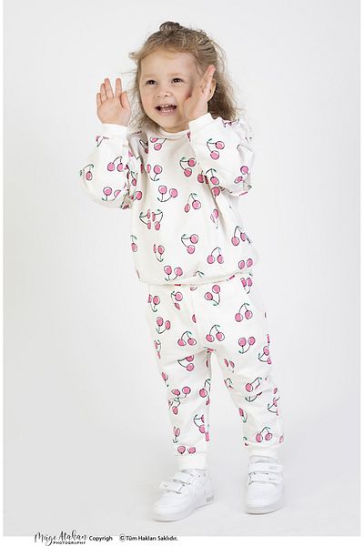 Harika KIDS Baby Girl & Child Two Thread Fabric Cherry Patterned Medium Thickness Knitted Basic Oversize Bottom Top Tracksuit