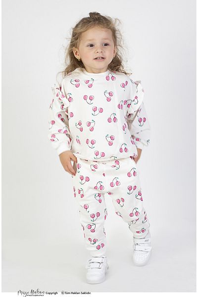 Harika KIDS Baby Girl & Child Two Thread Fabric Cherry Patterned Medium Thickness Knitted Basic Oversize Bottom Top Tracksuit