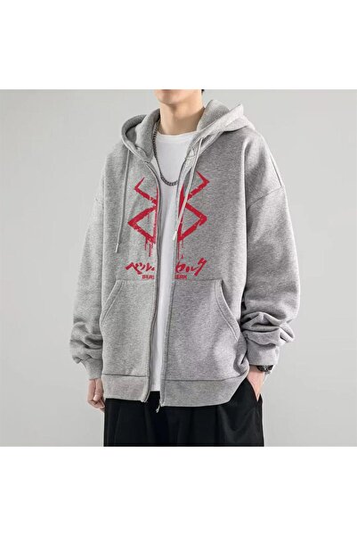 Violon سترة بقلنسوة رمادية كبيرة الحجم مطبوعة بشعار Berserk للجنسين