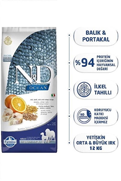 N&D Ocean Morina Balığı ve Portakallı Orta ve Büyük Irk 12 kg Köpek Maması - ...
