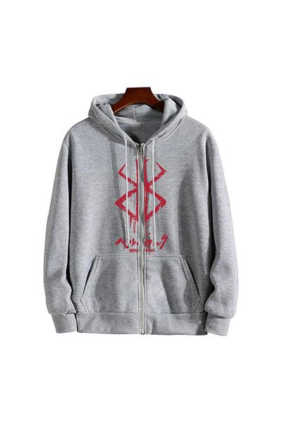 Touz Berserk Logo Printed Oversize Ζακέτα με φερμουάρ γκρι Unisex με κουκούλα