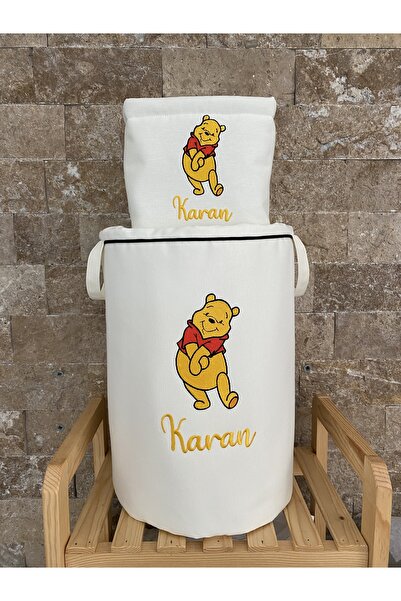 HS Home Baby İsme Özel Winnie The Pooh Nakışlı Bez Kirli & Oyuncak Sepet Seti