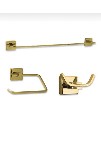 İSAOĞLU YAPI Gold Bathroom Accessory Set Towel Holder Paper Holder Bathrobe Holder Gold Complete Brass Material Bathroom Towel Holder