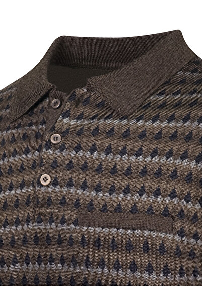 Çizgi Triko Ανδρικό πλεκτό πουλόβερ με λαιμόκοψη σε καφέ πόλο με μοτίβο μανίκι και μέση ελαστικό ατσάλι πλεκτό κλασικό καλούπι