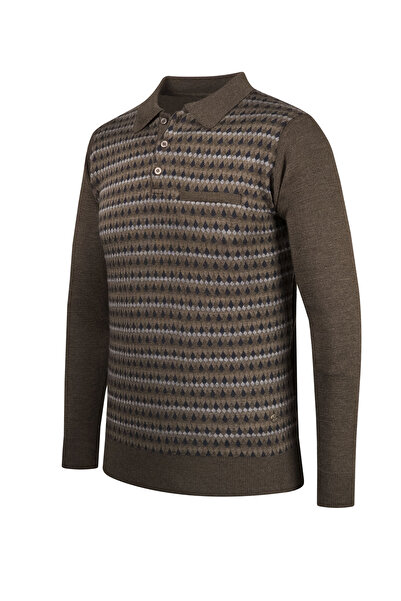Çizgi Triko Ανδρικό πλεκτό πουλόβερ με λαιμόκοψη σε καφέ πόλο με μοτίβο μανίκι και μέση ελαστικό ατσάλι πλεκτό κλασικό καλούπι