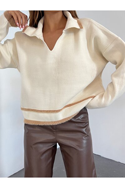 Jose Clothing Γυναικείο πουλόβερ με μακρυμάνικο μαλακό πλεκτό με αντίθεση με λαιμόκοψη πόλο