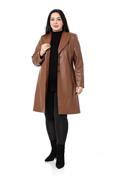 DISENTIS MODEST Large Size Pocketed Button Closure Lined Leather Brown Coat