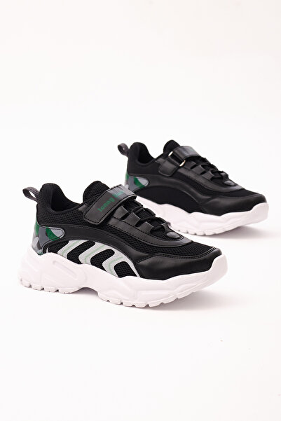 Tonny Black حذاء رياضي بشريط فيلكرو مطاطي مريح باللون الأسود والأخضر للأطفال ...