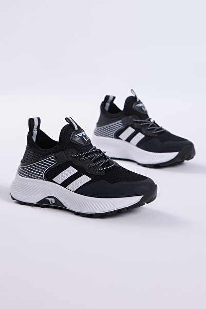 Tonny Black Çocuk Unisex Siyah Beyaz Rahat Kalıp Nefes Alabilen Kumaş Bağcıklı Sneaker