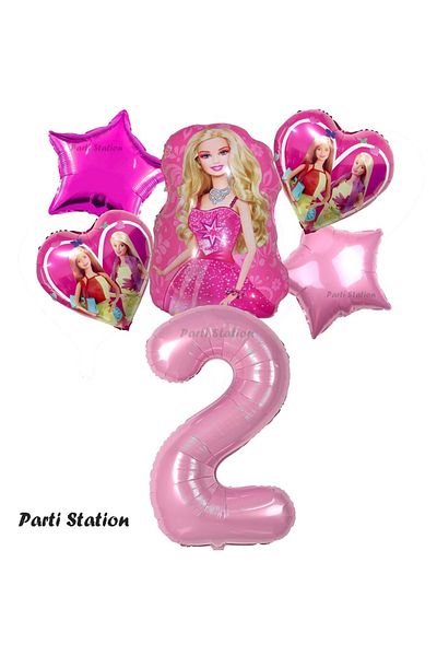 Parti Station 2 Years Old Barbie Foil Balloon Set - Pink Heart Pattern, for Birthday