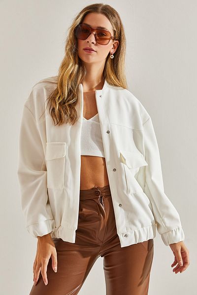 Bianco Lucci Women's Scuba Crepe Bomber Jacket with Elastic Waist