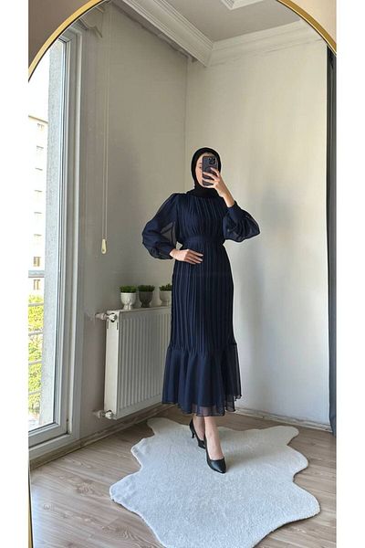 BestShopping Janjan Pleated Evening Dress Navy Blue