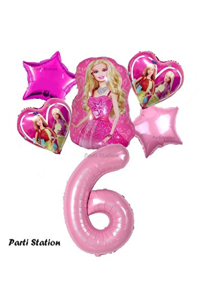 Parti Station Barbie Folyo Balon Set Barbie Kalp Pembe 6 Yaş Balon Set Barbie Konsept Doğum Günü Set Yaş Balon Set