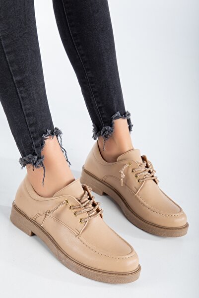 SOFT FASHION Kadın Ten & Nude Yeni Moda Rahat Bağcıklı Sessiz Termo Taban Loafer Günlük Ayakkabı - Topuk 3 cm