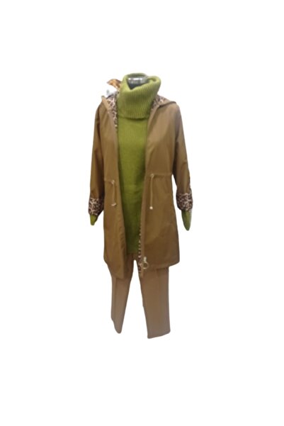 ZY BUTİK TABA KOLLARI KATLAMALI KAPÜŞONLU LEOPAR DESENLİ ASTARLI TRENÇKOT