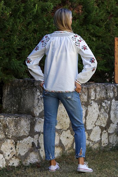 Chiccy Bluză casual țesută cu guler brodat alb, mânecă cu balon, cu guler brodat și capătul mânecii