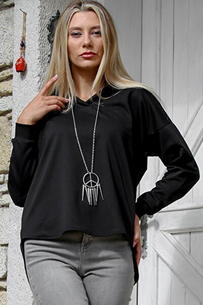 Chiccy Μαύρο μακρυμάνικο πλεκτό φούτερ με κουκούλα