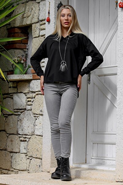 Chiccy Μαύρο μακρυμάνικο πλεκτό φούτερ με κουκούλα