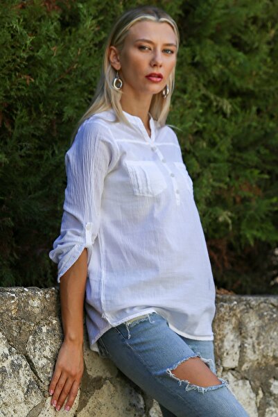 Chiccy Λευκό κάτω μέρος με μακρυμάνικο γιακά Brit με διπλή τσέπη πλενόμενη υφασμένη μπλούζα casual