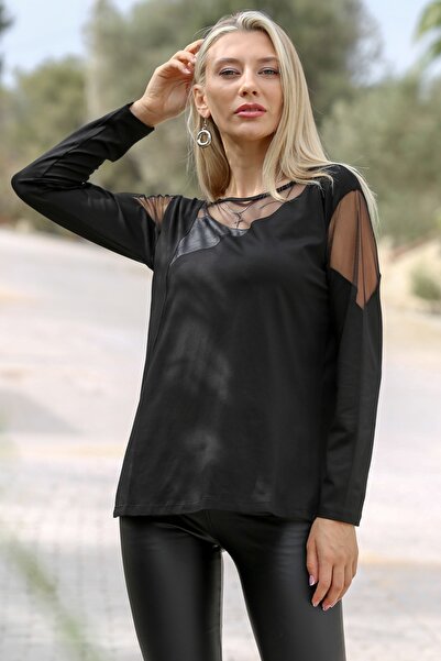 Chiccy Μαύρη πλεκτή μπλούζα με μακρυμάνικο λαιμόκοψη