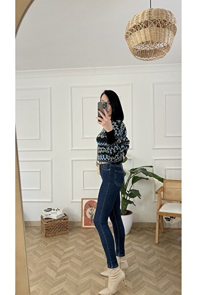 ButikDina Леон Синій Високий Талія Вузькі Штани з Лайкрою