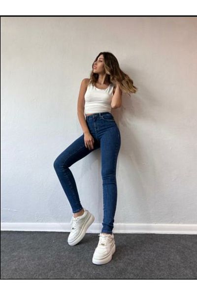 ButikDina Blugi de damă skinny lycra cu talie înaltă albastră - până la gleznă