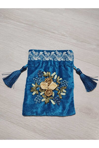 ALTUNLAR SHOP İşlemeli Kadife Kese – Hediyelik – Çok Amaçlı - Mavi Renk