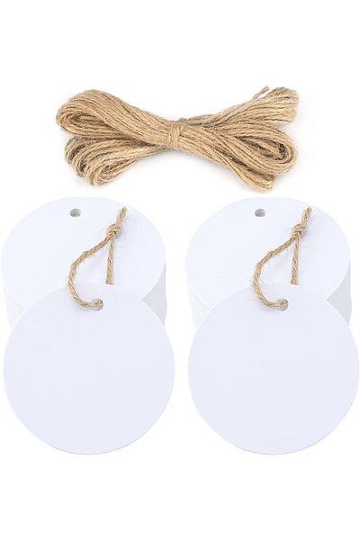 Etiketciyim 100 bucăți etichetă cadou etichetă rotundă pentru card 4,5 cm, nuntă/aniversare/dezvăluire specială cu șnur de iută (ALB)