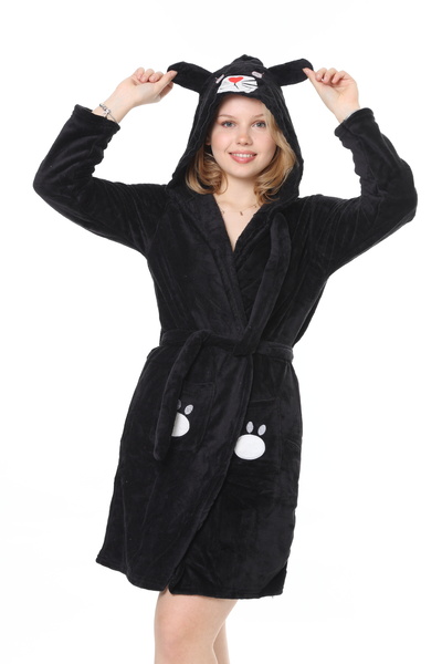 mervemoda Γυναικείο μαύρο ultra welsoft κέντημα με κουκούλα υψηλής ποιότητας ρόμπα