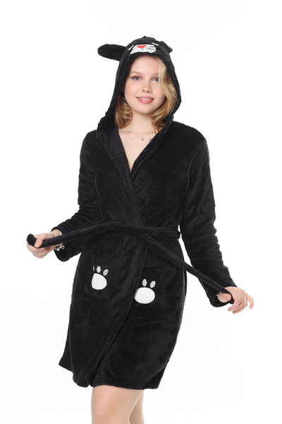 mervemoda Γυναικείο μαύρο ultra welsoft κέντημα με κουκούλα υψηλής ποιότητας ρόμπα