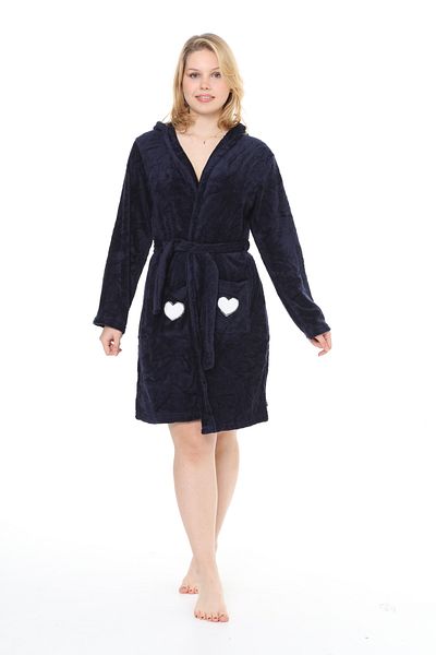 mervemoda Γυναικείο κέντημα Navy blue ultra welsoft με κουκούλα υψηλής ποιότητας ρόμπα