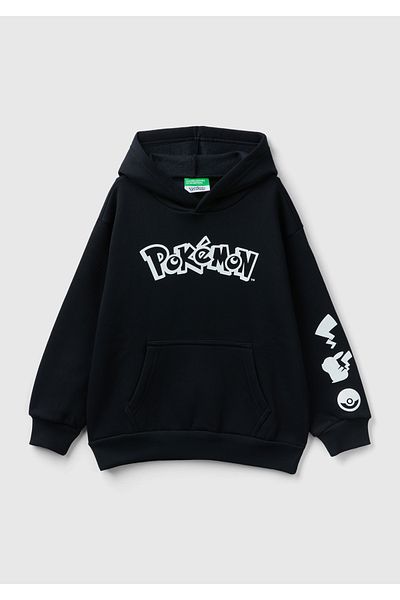 United Colors of Benetton Черен суитшърт с принт на Pokemon за момче - с преден джоб