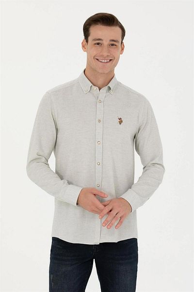 U.S. Polo Assn. Мъжка базова риза с дълъг ръкав в цвят екрю ELİFSU BUTİKHOME