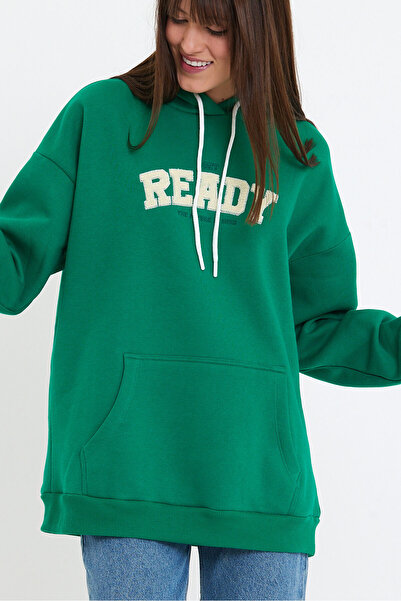 Avones Hanorac cu glugă oversize cu 3 fire, brodat Ready, pentru femei