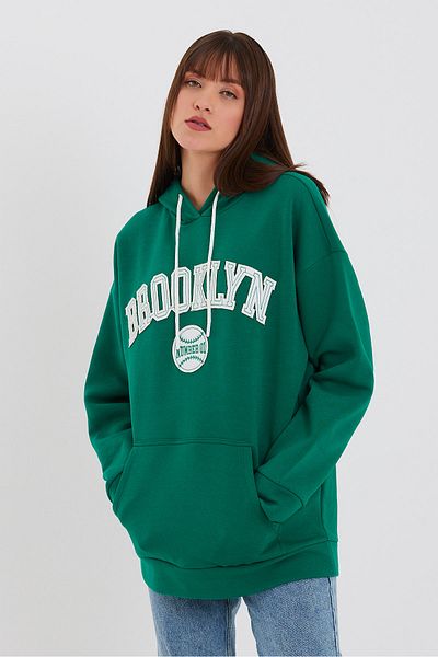 Avones Hanorac oversize brodat cu 3 fire de damă, verde închis