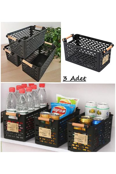 Bayev 3 Pieces Black Wooden Color Plastic Handle Organizer Basket Bread Bowl Vegetable Fruit Basket