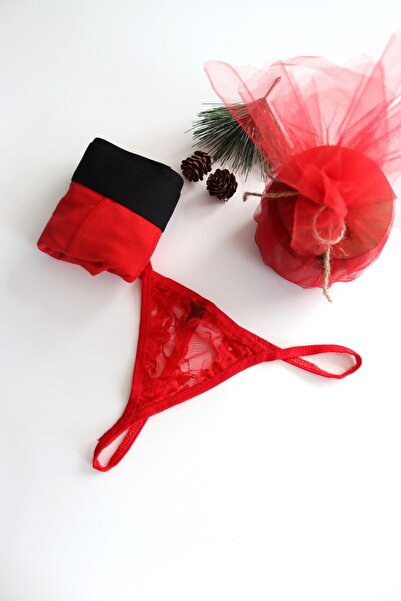 Genel Markalar YILBAŞI ÖZEL Beton Kutusunda 2'li NOEL Seti - Kırmızı Boxer Dantelli Tanga