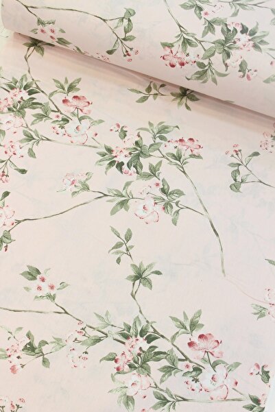 CAMELIA Pembe Zemin Yeşil Bahar Dalı Nevresimlik Poplin Kumaş