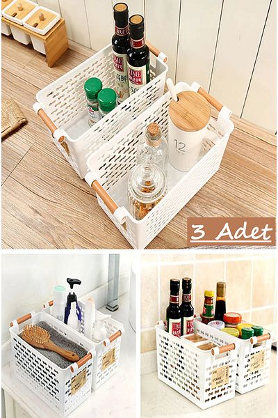Bayev 3 Pieces White Wooden Color Plastic Handle Organizer Basket Bread Bowl Vegetable Fruit Basket