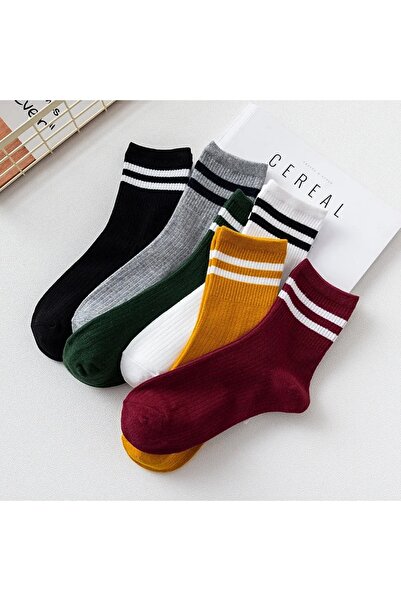 çorapmanya 6 Çift Kadın Siyah Beyaz Gri Çizgili Çizgisiz Kolej Tenis Çorap