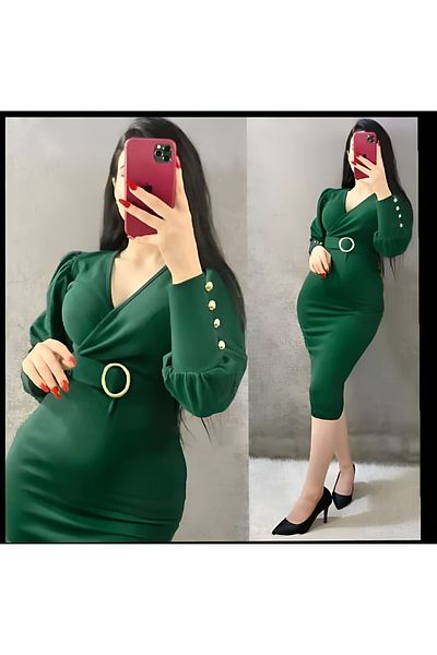 rengamoda Rochie midi de damă, cu guler dublu, cu mâneci cu curea, cu nasturi, tricotaje acrilice detaliate (cu opțiuni de culoare)