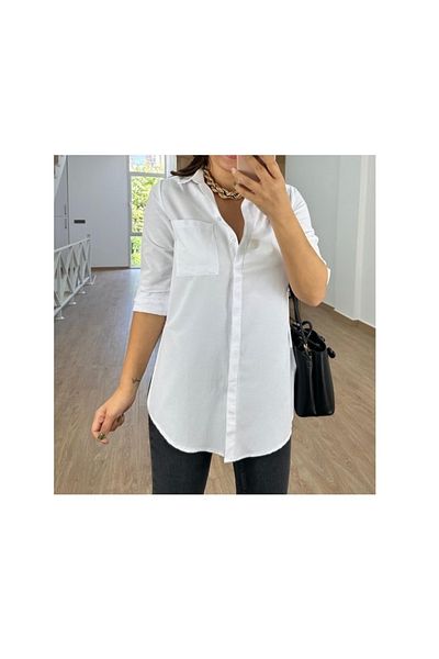 MADAME MELEK Cămașă de bază 100% bumbac cu fantă laterală - alb-negru