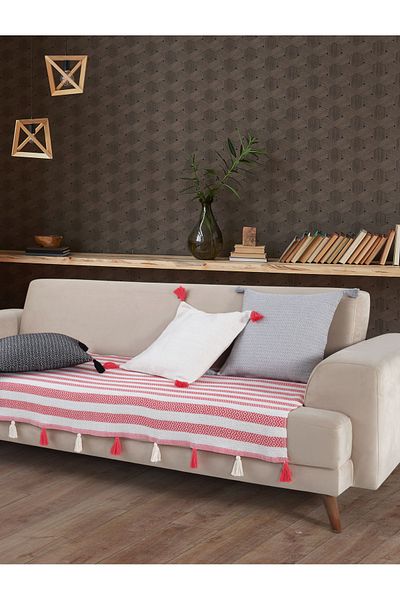 Lux Touch 115 x 200 cm Liva Pompom Coral Seat Cover - Shawl Tufted Sofa Duvan Sofa Bed Armchair
