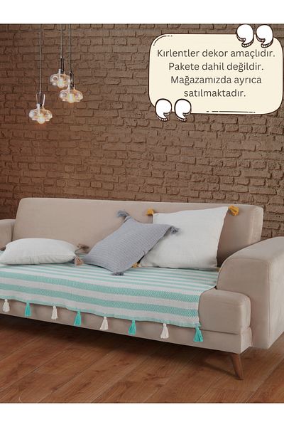 Lux Touch Калъф за диван Liva Mint Pompom - 115 x 200 см, разтегателен диван, фотьойл и шал с пискюли