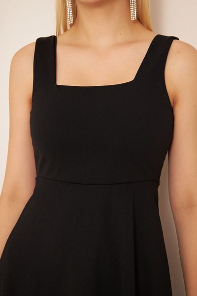 vuvutasarım Μαύρο Flexible Crepe ύφασμα Χοντρό λουράκι Σχέδιο Midi Φόρεμα τετράγωνο λαιμό 086