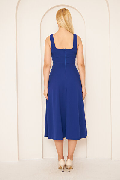 vuvutasarım Сакс Синя Еластична Крепова Тканина Товста Підвіска Дизайн Квадратний Комір Міді Сукня 086