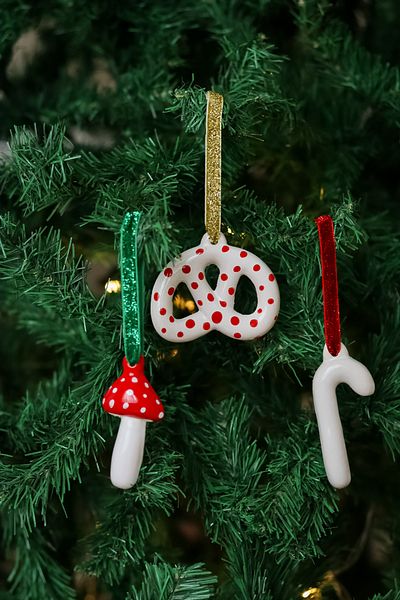 Beige & Stone Christmas Tree Ornament Ceramic Pretzel, Spotted Bagel, White Cane and Mushroom Set of 3 Pine Tree Ornament
